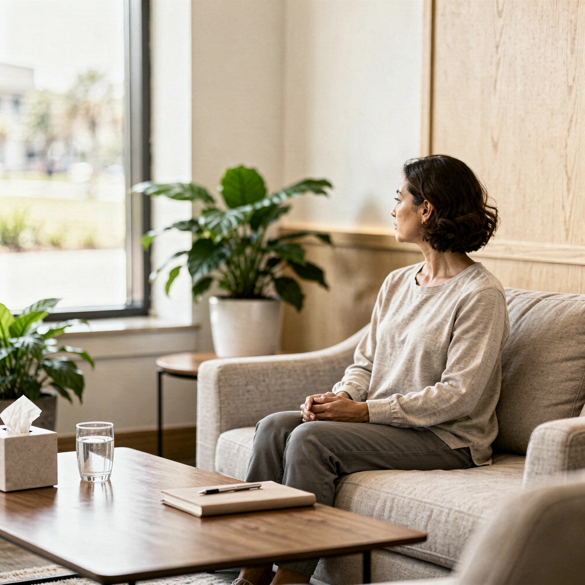 Woman sitting on a couch in a therapy office with plants and natural light